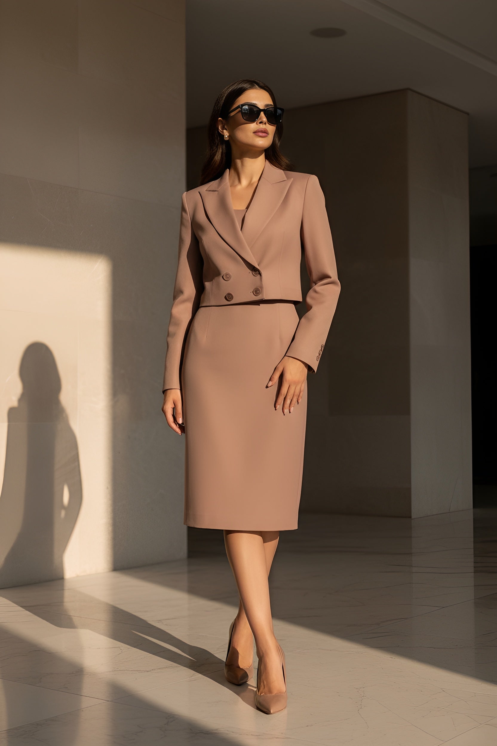 Dusky Dawn Cropped Blazer and Knee Length Dress