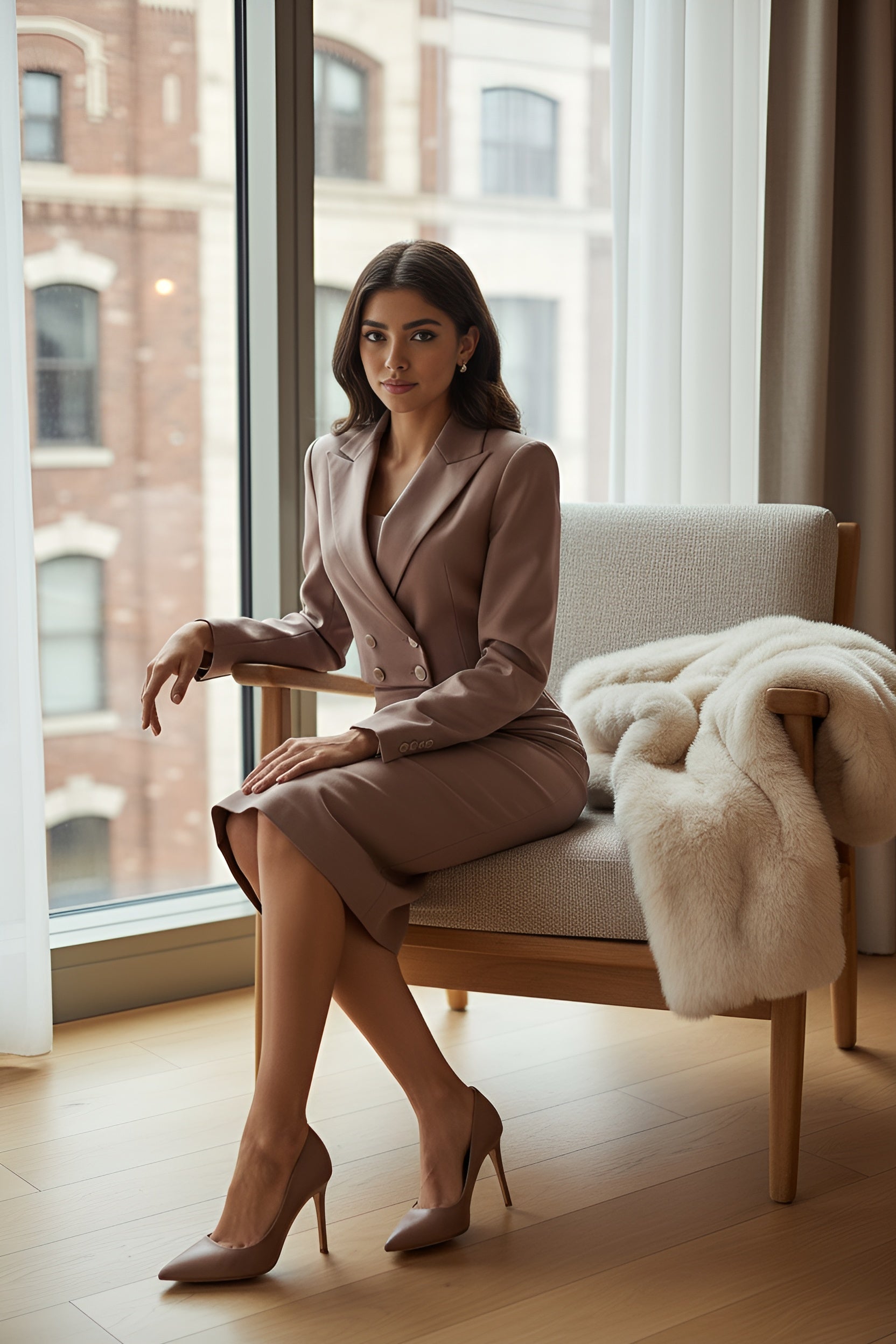 Dusky Dawn Cropped Blazer and Knee Length Dress